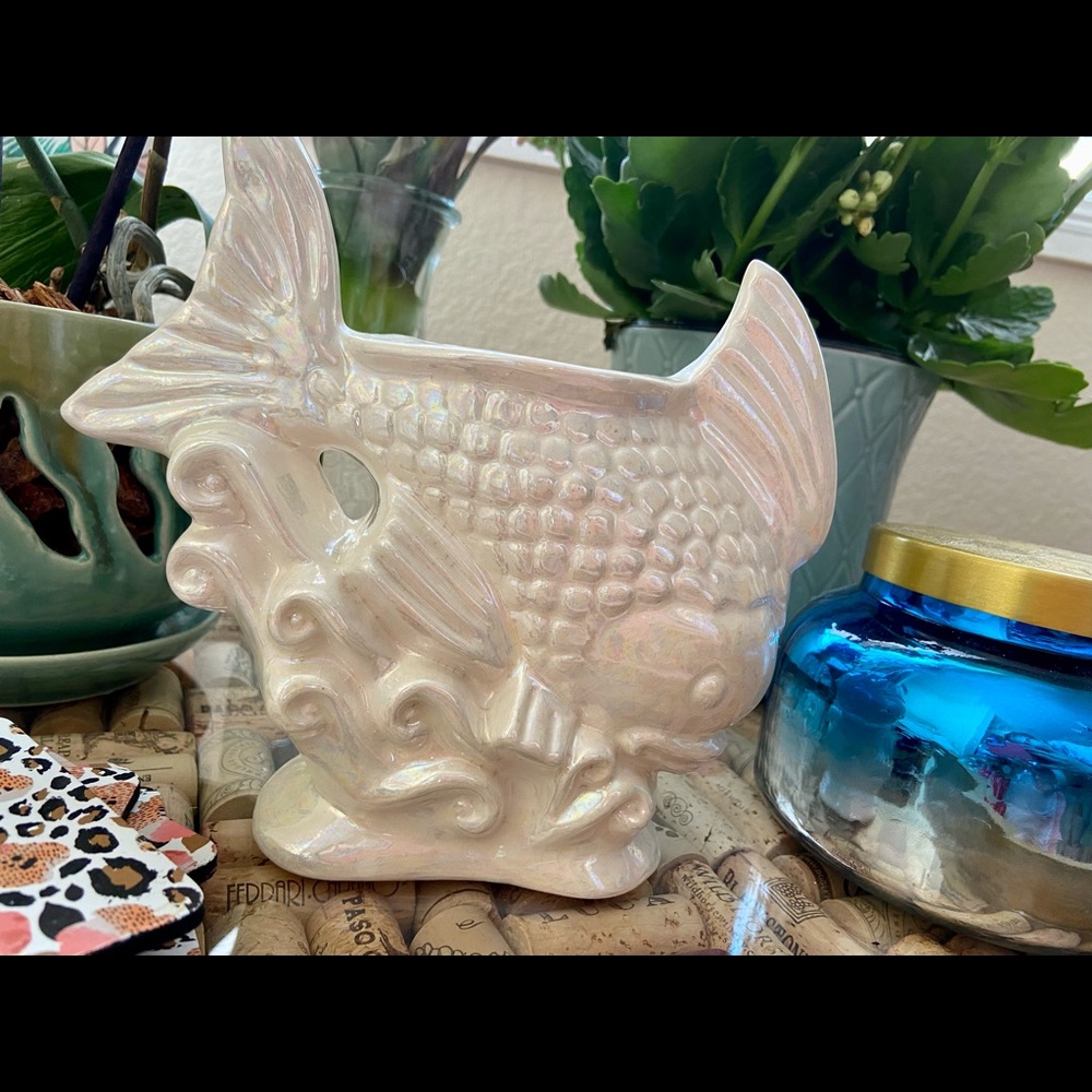 Iridiscent white fish vase vintage nautical